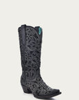 A3752 - WOMEN'S BLACK GLITTER INLAY FLORAL OVERLAY WITH CRYSTALS AND STUDS SNIP TOE BLACK COWBOY BOOT