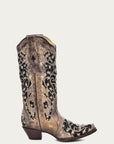 A3569 - WOMEN'S BLACK GLITTER INLAY FLORAL OVERLAY WITH CRYSTALS AND STUDS SNIP TOE BROWN COWBOY BOOT