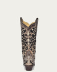 A3569 - WOMEN'S BLACK GLITTER INLAY FLORAL OVERLAY WITH CRYSTALS AND STUDS SNIP TOE BROWN COWBOY BOOT