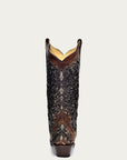 A3671A - WOMEN'S BLACK GLITTER INLAY FLORAL OVERLAY WITH CRYSTALS AND STUDS SNIP TOE COGNAC COWBOY BOOT