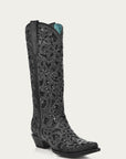 A3589 - WOMEN'S BLACK GLITTER INLAY FLORAL OVERLAY WITH CRYSTALS AND STUDS SNIP TOE TALL TOP BLACK COWBOY BOOT