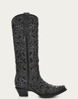 A3589 - WOMEN'S BLACK GLITTER INLAY FLORAL OVERLAY WITH CRYSTALS AND STUDS SNIP TOE TALL TOP BLACK COWBOY BOOT