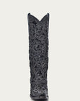 A3589 - WOMEN'S BLACK GLITTER INLAY FLORAL OVERLAY WITH CRYSTALS AND STUDS SNIP TOE TALL TOP BLACK COWBOY BOOT