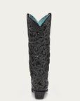 A3589 - WOMEN'S BLACK GLITTER INLAY FLORAL OVERLAY WITH CRYSTALS AND STUDS SNIP TOE TALL TOP BLACK COWBOY BOOT