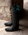 A3589 - WOMEN'S BLACK GLITTER INLAY FLORAL OVERLAY WITH CRYSTALS AND STUDS SNIP TOE TALL TOP BLACK COWBOY BOOT