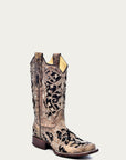A3648 - WOMEN'S BLACK GLITTER INLAY FLORAL OVERLAY WITH CRYSTALS AND STUDS SQUARE TOE BROWN COWBOY BOOT