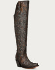 C3926 - WOMEN'S BLACK GLITTER OVERLAY EMBROIDERY AND STUDS BROWN TALL TOP SNIP TOE COWBOY BOOT