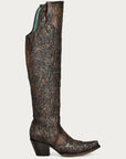 C3926 - WOMEN'S BLACK GLITTER OVERLAY EMBROIDERY AND STUDS BROWN TALL TOP SNIP TOE COWBOY BOOT