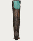 C3926 - WOMEN'S BLACK GLITTER OVERLAY EMBROIDERY AND STUDS BROWN TALL TOP SNIP TOE COWBOY BOOT