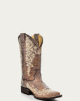 A2663 - WOMEN'S BONE COLOR FLORAL EMBROIDERY SQUARE TOE COWBOY BOOT