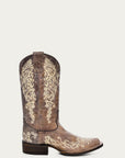 A2663 - WOMEN'S BONE COLOR FLORAL EMBROIDERY SQUARE TOE COWBOY BOOT