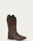A3815 - WOMEN'S BROWN WOVEN BARBED WIRE SQUARE TOE RODEO COWBOY BOOT