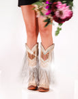 C3424 - WOMEN'S CRYSTALS PATTERN EMBROIDERY AND FRINGE SNIP TOE BROWN COWBOY BOOT