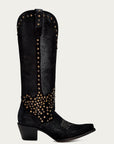 C4134 - WOMEN'S EMBROIDERY AND STUDS BLACK METALIZED LEATHER FINISH TALL TOP POINTED TOE COWBOY BOOT WITH ZIPPER