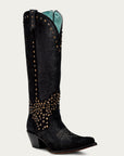 C4134 - WOMEN'S EMBROIDERY AND STUDS BLACK METALIZED LEATHER FINISH TALL TOP POINTED TOE COWBOY BOOT WITH ZIPPER