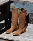 A4438 - WOMEN'S EMBROIDERY SAND SUEDE TALL TOP SNIP TOE COWBOY BOOT