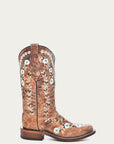 A4398 - WOMEN'S GLOW IN THE DARK FLORAL EMBROIDERY DISTRESS COGNAC SQUARE TOE COWBOY BOOT