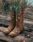 A4398 - WOMEN'S GLOW IN THE DARK FLORAL EMBROIDERY DISTRESS COGNAC SQUARE TOE COWBOY BOOT