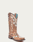 A4398 - WOMEN'S GLOW IN THE DARK FLORAL EMBROIDERY DISTRESS COGNAC SQUARE TOE COWBOY BOOT