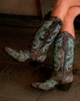 A3753 - WOMEN'S GLOW IN THE DARK WHITE FEATHERED FLORAL EMBROIDERY BROWN SNIP TOE COWBOY BOOT