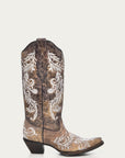 A3753 - WOMEN'S GLOW IN THE DARK WHITE FEATHERED FLORAL EMBROIDERY BROWN SNIP TOE COWBOY BOOT