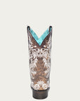 A4063 - WOMEN'S GLOW IN THE DARK WHITE FEATHERED FLORAL EMBROIDERY BROWN SQUARE TOE COWBOY BOOT