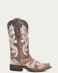 A4063 - WOMEN'S GLOW IN THE DARK WHITE FEATHERED FLORAL EMBROIDERY BROWN SQUARE TOE COWBOY BOOT