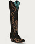 A4404 - WOMEN'S GOLD EMBROIDERY BLACK SUEDE TALL TOP J TOE COWBOY BOOT