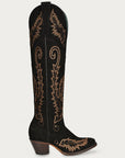 A4404 - WOMEN'S GOLD EMBROIDERY BLACK SUEDE TALL TOP J TOE COWBOY BOOT