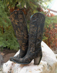 A4481 - WOMEN'S GOLD STAMPED FLORAL BLACK SUEDE SNIP TOE COWBOY BOOT