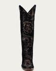 A4481 - WOMEN'S GOLD STAMPED FLORAL BLACK SUEDE SNIP TOE COWBOY BOOT