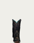 A4492 - WOMEN'S GOLD STAMPED FLORAL WITH FRINGE BLACK SUEDE NARROW SQUARE TOE ANKLE BOOT