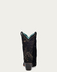 A4492 - WOMEN'S GOLD STAMPED FLORAL WITH FRINGE BLACK SUEDE NARROW SQUARE TOE ANKLE BOOT