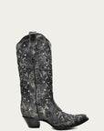 A3672 - WOMEN'S GREY GLITTER INLAY FLORAL OVERLAY WITH CRYSTALS AND STUDS SNIP TOE GREY COWBOY BOOT