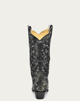 A3672 - WOMEN'S GREY GLITTER INLAY FLORAL OVERLAY WITH CRYSTALS AND STUDS SNIP TOE GREY COWBOY BOOT