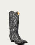 A3672 - WOMEN'S GREY GLITTER INLAY FLORAL OVERLAY WITH CRYSTALS AND STUDS SNIP TOE GREY COWBOY BOOT