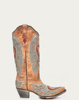 A4235 - WOMEN'S HEART AND CROSS OVERLAY AND STUDS WORN FINISH SAND SNIP TOE COWBOY BOOT