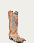 A4235 - WOMEN'S HEART AND CROSS OVERLAY AND STUDS WORN FINISH SAND SNIP TOE COWBOY BOOT