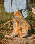A4235 - WOMEN'S HEART AND CROSS OVERLAY AND STUDS WORN FINISH SAND SNIP TOE COWBOY BOOT