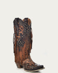 A3618 - WOMEN'S LEOPARD PRINT WITH FRINGE AND STUDS SNIP TOE COWBOY BOOT