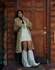 C4084 - WOMEN'S LUMINESCENT EMBROIDERY AND PINK STARS WITH LAMB FRINGE WHITE SNIP TOE COWBOY BOOT