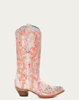 C3980 - WOMEN'S MULTICOLOR FLUORESCENT NEON ORANGE EMBROIDERY AND CRYSTALS WHITE SNIP TOE COWBOY BOOT