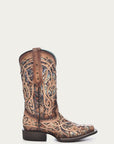 C3405 - WOMEN'S MULTICOLOR GLITTERED INLAY BONE COLOR SQUARE TOE COWBOY BOOT