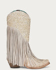 C3955 - WOMEN'S OVERLAY EMBROIDERY LAMB FRINGE WHITE SNIP TOE COWBOY BOOT