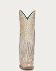 C3955 - WOMEN'S OVERLAY EMBROIDERY LAMB FRINGE WHITE SNIP TOE COWBOY BOOT