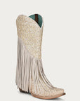 C3955 - WOMEN'S OVERLAY EMBROIDERY LAMB FRINGE WHITE SNIP TOE COWBOY BOOT