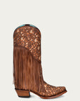 C3876 - WOMEN'S OVERLAY WHITE EMBROIDERY LAMB FRINGE HONEY SNIP TOE COWBOY BOOT