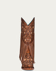 C3876 - WOMEN'S OVERLAY WHITE EMBROIDERY LAMB FRINGE HONEY SNIP TOE COWBOY BOOT