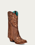 C3876 - WOMEN'S OVERLAY WHITE EMBROIDERY LAMB FRINGE HONEY SNIP TOE COWBOY BOOT