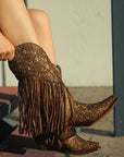 C3876 - WOMEN'S OVERLAY WHITE EMBROIDERY LAMB FRINGE HONEY SNIP TOE COWBOY BOOT